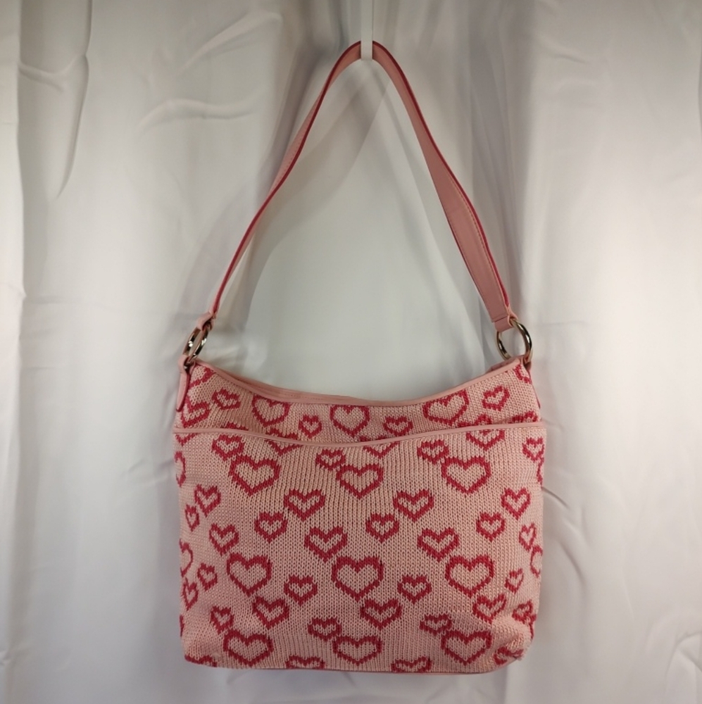 SOLD!Vtg Liz Claiborne Pink Heart Print Crochet Fabric Purse Shoulder Bag